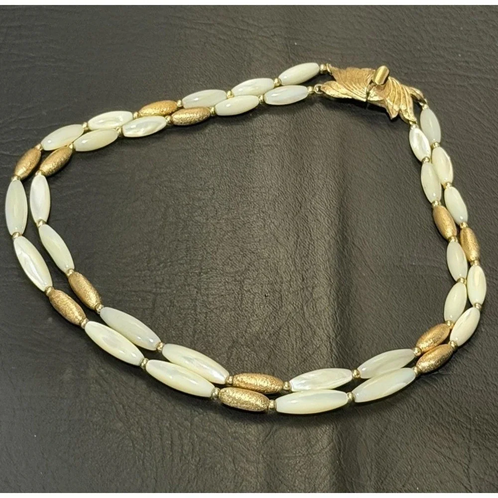 Vintage Napier‎ Double Strand Oblong Mother of Pearl Gold Tone Beded Necklace
